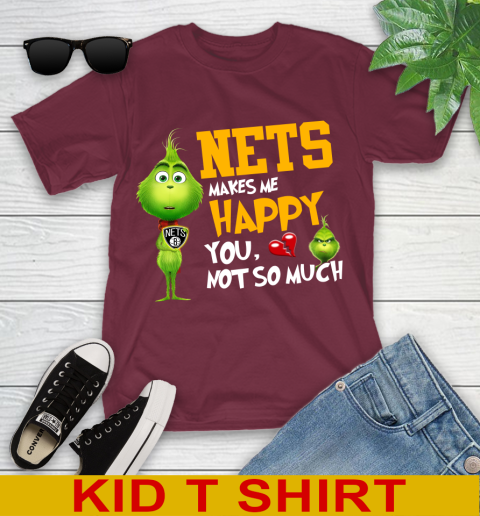NBA Brooklyn Nets Makes Me Happy You Not So Much Grinch Basketball Sports Youth T-Shirt 5