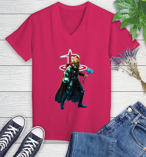 NBA Thor Avengers Endgame Basketball Houston Rockets Women's V-Neck T-Shirt 9