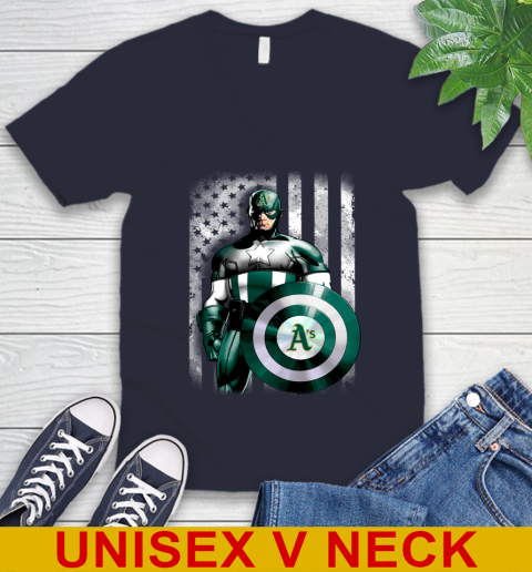 Oakland Athletics MLB Baseball Captain America Marvel Avengers American Flag Shirt V-Neck T-Shirt 2