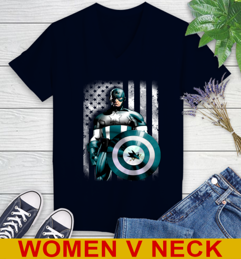 San Jose Sharks NHL Hockey Captain America Marvel Avengers American Flag Shirt Women's V-Neck T-Shirt 2