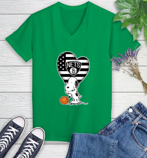 Brooklyn Nets NBA Basketball The Peanuts Movie Adorable Snoopy Women's V-Neck T-Shirt 5