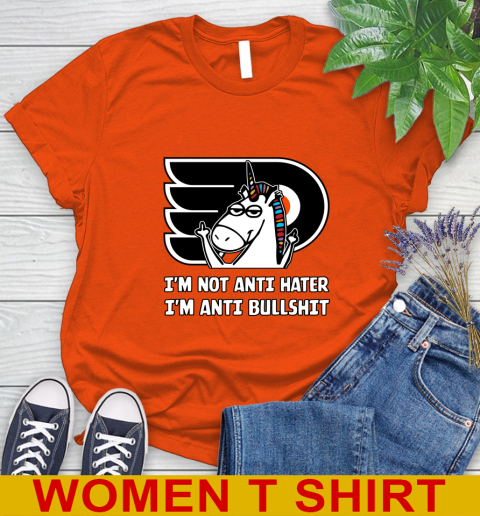Philadelphia Flyers NHL Hockey Unicorn I'm Not Anti Hater I'm Anti Bullshit Women's T-Shirt 4