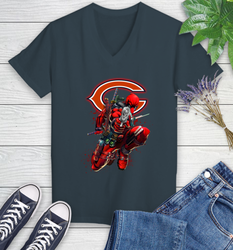NFL Deadpool Marvel Comics Sports Football Chicago Bears Women's V-Neck T-Shirt 8