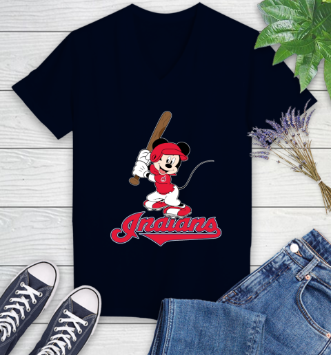 MLB Baseball Cleveland Indians Cheerful Mickey Mouse Shirt Women's V-Neck T-Shirt 3