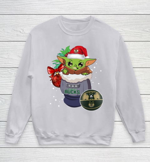 Milwaukee Bucks Christmas Baby Yoda Star Wars Funny Happy NBA Youth Sweatshirt 4