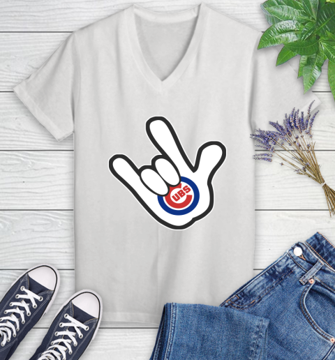 Chicago Cubs MLB Baseball Mickey Rock Hand Disney Women's V-Neck T-Shirt