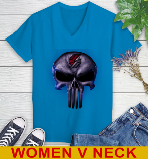 Portland Trail Blazers NBA Basketball Punisher Skull Sports Women's V-Neck T-Shirt 7