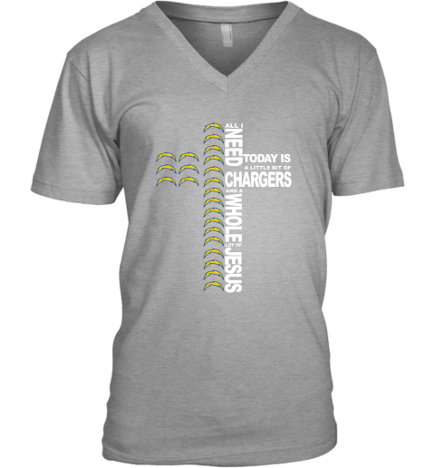 NFL All I Need Today Is A Little Bit Of Los Angeles Chargers And A Whole Lot Of Jesus Football qnMLEGX1oYz v neck unisex 8 95 151514 front sport grey