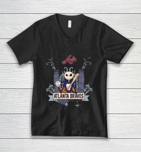 MLB Atlanta Braves Baseball Jack Skellington Halloween V-Neck T-Shirt