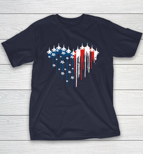 Retro Fighter Jet Airplane American Flag Heart 4th Of July Youth T-Shirt 2
