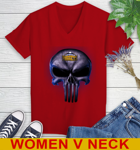 Denver Nuggets NBA Basketball Punisher Skull Sports Women's V-Neck T-Shirt 10