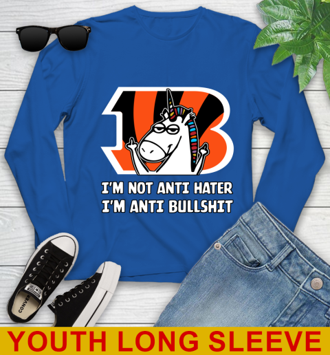 Cincinnati Bengals NFL Football Unicorn I'm Not Anti Hater I'm Anti Bullshit Youth Long Sleeve 10