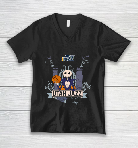 NBA Utah Jazz Basketball Jack Skellington Halloween V-Neck T-Shirt