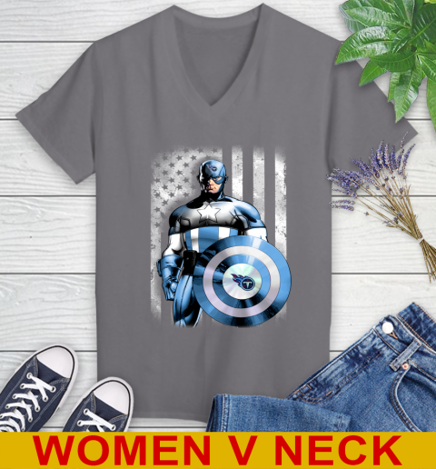 Tennessee Titans NFL Football Captain America Marvel Avengers American Flag Shirt Women's V-Neck T-Shirt 11