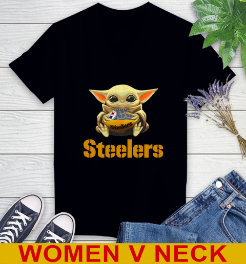 NFL Football Pittsburgh Steelers Baby Yoda Star Wars Shirt Women's V-Neck T-Shirt 2