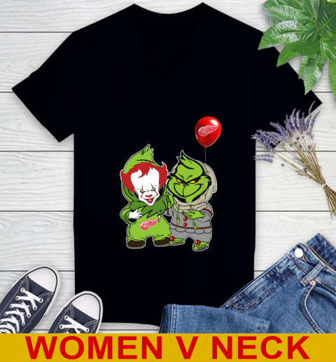 Detroit Red Wings Baby Pennywise Grinch Christmas NHL Hockey Women's V-Neck T-Shirt 2