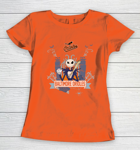 MLB Baltimore Orioles Baseball Jack Skellington Halloween Women's T-Shirt 3