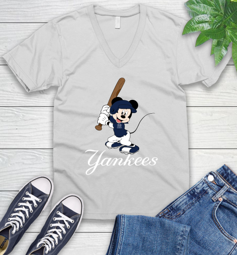 MLB Baseball New York Yankees Cheerful Mickey Mouse Shirt V-Neck T-Shirt 2