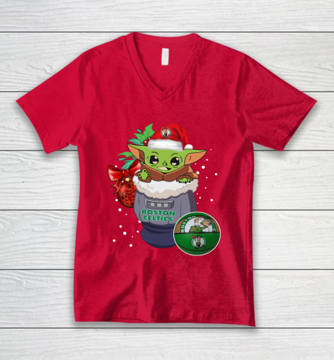 Boston Celtics Christmas Baby Yoda Star Wars Funny Happy NBA V-Neck T-Shirt 7