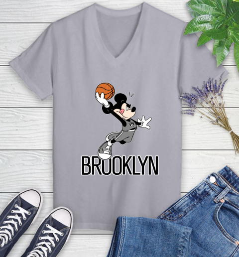 NBA Basketball Brooklyn Nets Cheerful Mickey Mouse Shirt Women's V-Neck T-Shirt 4