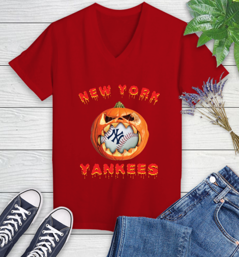 MLB New York Yankees Halloween Pumpkin Baseball Sports Women's V-Neck T-Shirt 12