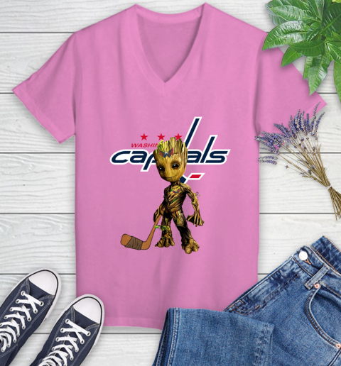 Washington Capitals NHL Hockey Groot Marvel Guardians Of The Galaxy Women's V-Neck T-Shirt 14