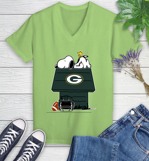 Green Bay Packers NFL Football Snoopy Woodstock The Peanuts Movie Women's V-Neck T-Shirt 11