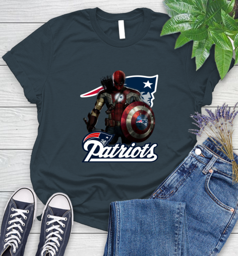 NFL Captain America Thor Spider Man Hawkeye Avengers Endgame Football New England Patriots Women's T-Shirt 8