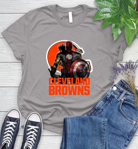 NFL Captain America Thor Spider Man Hawkeye Avengers Endgame Football Cleveland Browns Women's T-Shirt 5