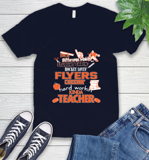 Philadelphia Flyers NHL I'm A Difference Making Student Caring Hockey Loving Kinda Teacher V-Neck T-Shirt 2