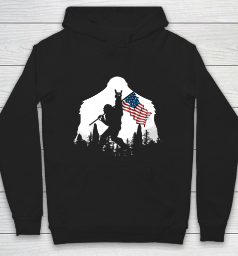 Bigfoot Victorty sign Peace USA Flag in the forest Camping Hoodie