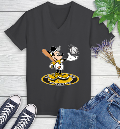 MLB Baseball Pittsburgh Pirates Cheerful Mickey Disney Shirt Women's V-Neck T-Shirt 7