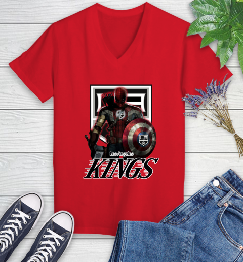 NHL Captain America Thor Spider Man Hawkeye Avengers Endgame Hockey Los Angeles Kings Women's V-Neck T-Shirt 12