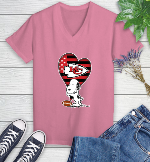 Kansas City Chiefs NFL Football The Peanuts Movie Adorable Snoopy Women's V-Neck T-Shirt 13