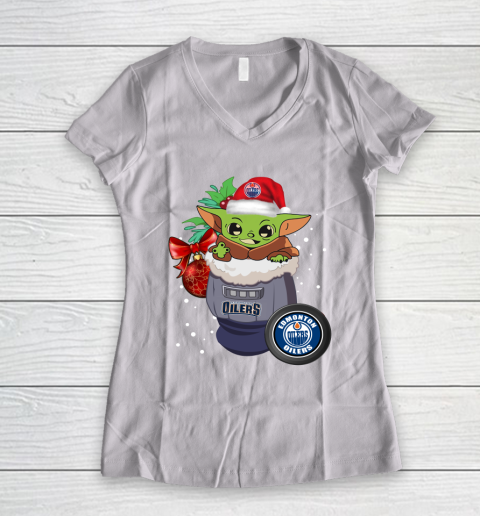 Edmonton Oilers Christmas Baby Yoda Star Wars Funny Happy NHL Women's V-Neck T-Shirt 2