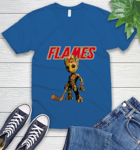 Calgary Flames NHL Hockey Groot Marvel Guardians Of The Galaxy V-Neck T-Shirt 6