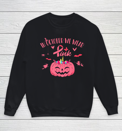 In October We Wear Pink Pumpkin Halloween Breast Cancer Gift Youth Sweatshirt