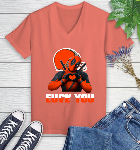 NHL Cleveland Browns Deadpool Love You Fuck You Football Sports Women's V-Neck T-Shirt 6