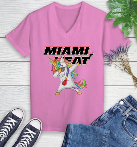 Miami Heat NBA Basketball Funny Unicorn Dabbing Sports Women's V-Neck T-Shirt 14