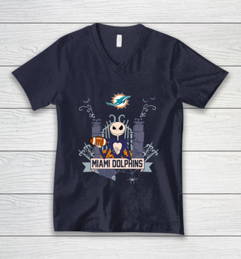 NFL Miami Dolphins Football Jack Skellington Halloween V-Neck T-Shirt 2