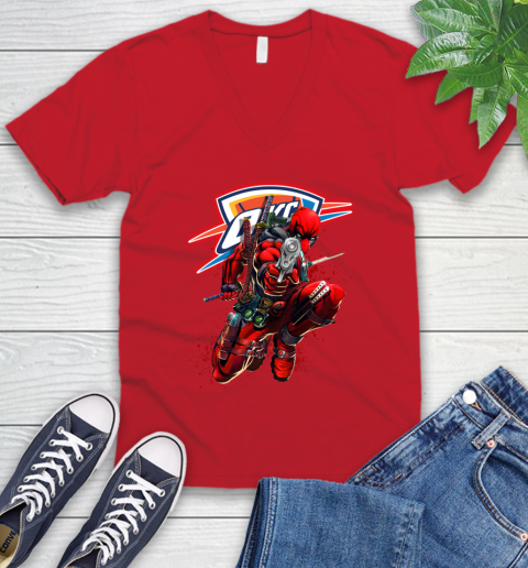 NBA Deadpool Marvel Comics Sports Basketball Oklahoma City Thunder V-Neck T-Shirt 7
