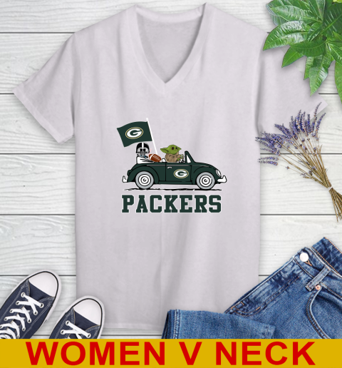 NFL Football Green Bay Packers Darth Vader Baby Yoda Driving Star Wars Shirt Women's V-Neck T-Shirt