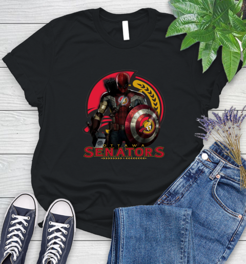 NHL Captain America Thor Spider Man Hawkeye Avengers Endgame Hockey Ottawa Senators Women's T-Shirt 2