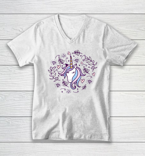 Unicorn with Pink Hearts and Diamonds Magical Unicorn V-Neck T-Shirt
