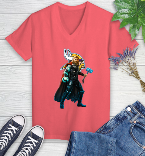 NFL Thor Avengers Endgame Football Minnesota Vikings Women's V-Neck T-Shirt 6