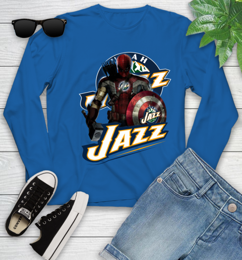 Utah Jazz NBA Basketball Captain America Thor Spider Man Hawkeye Avengers Youth Long Sleeve 9