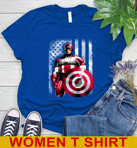 Portland Trail Blazers NBA Basketball Captain America Marvel Avengers American Flag Shirt Women's T-Shirt 10