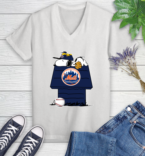 MLB New York Mets Snoopy Woodstock The Peanuts Movie Baseball T Shirt Women's V-Neck T-Shirt