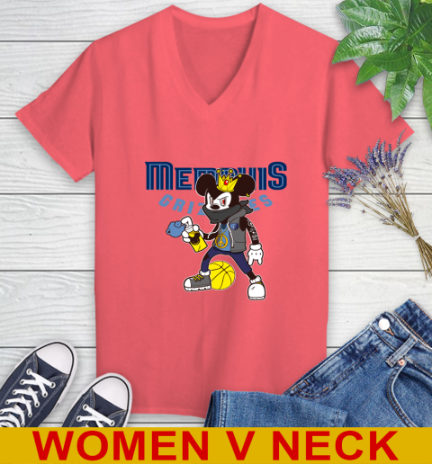 Memphis Grizzlies NBA Basketball Mickey Peace Sign Sports Women's V-Neck T-Shirt 7