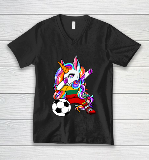 Dabbing Unicorn Lithuania Soccer Fans Jersey Flag Football V-Neck T-Shirt